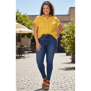 George Studio Bright Yellow Short Sleeve Button-Down Blouse size XL